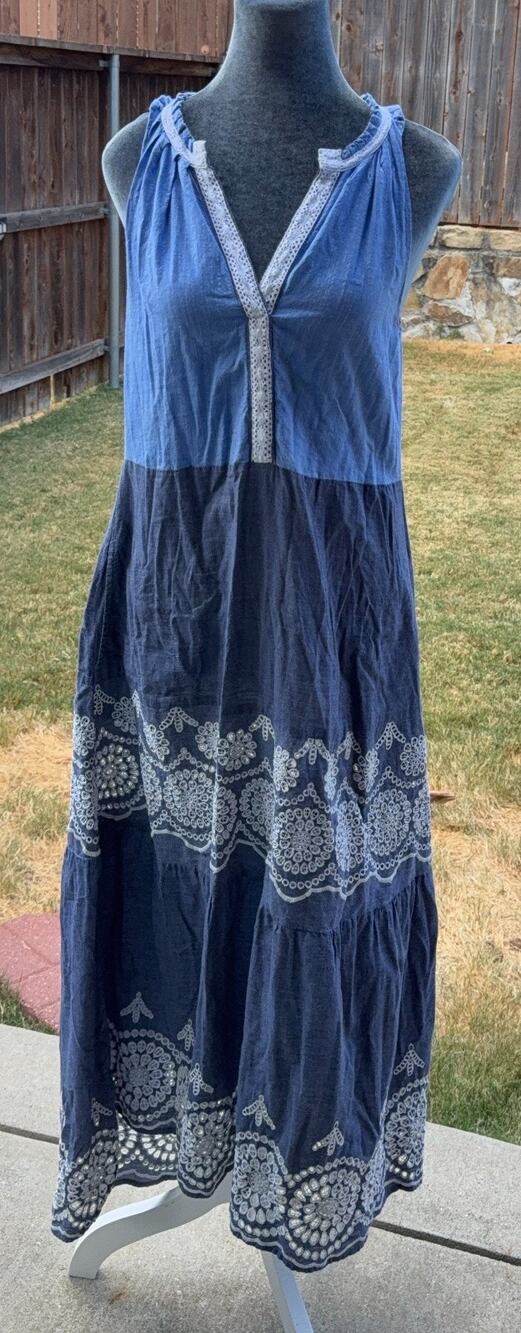 Ruby Yaya Blue Maxi Dress S Boho Embroidered Tiered Sleeveless Resort